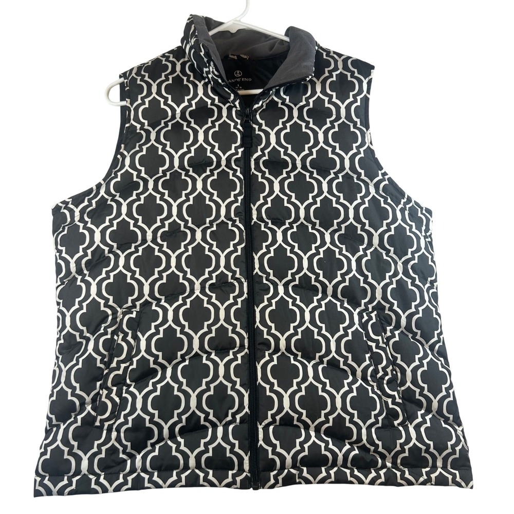 Lands End Womens Black White Geometric Quilted Puffer Vest Size L 14-16